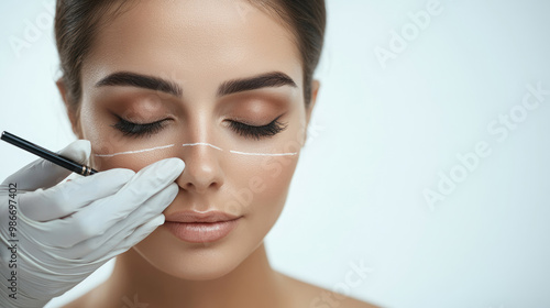 A woman is getting her face drawn with a white line. The woman is wearing gloves and the artist is using a black marker