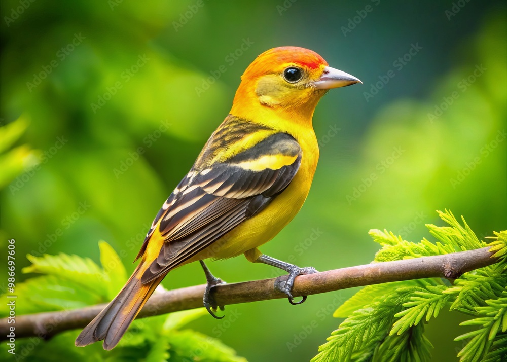 Perched on the branch, the female western tanager's vibrant plumage is set against a lush green backdrop, its Perched on the branch, the female western tanager's vibrant plumage is set against a lush green backdrop, its