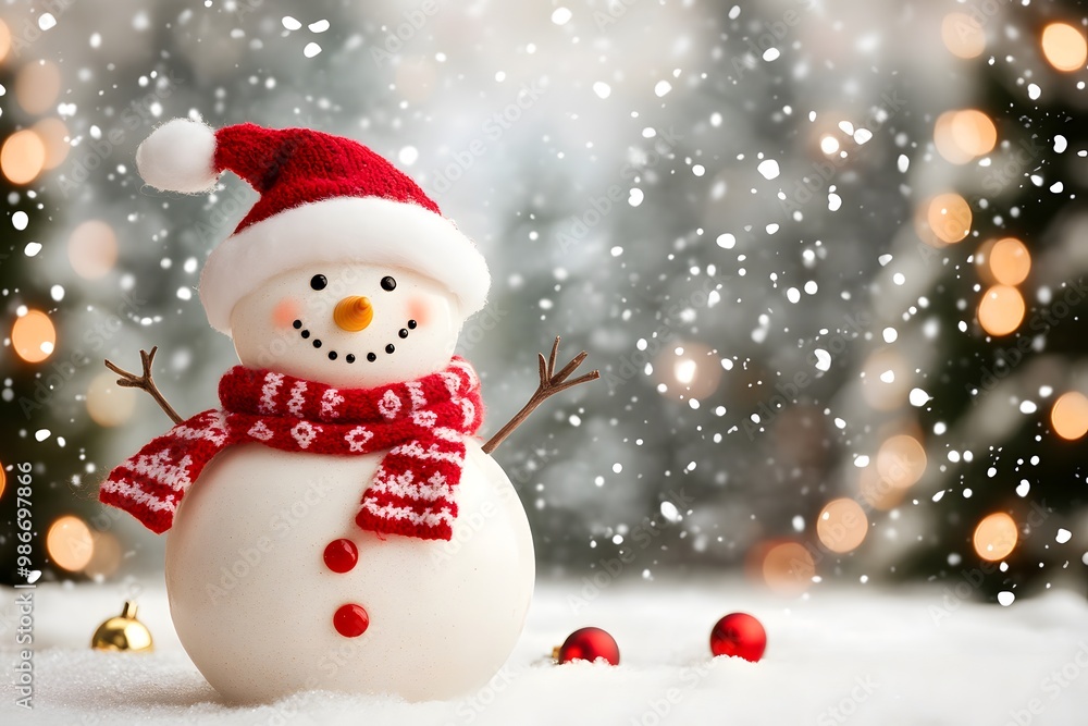 A snowman wearing a red scarf and a red hat stands in the snow A snowman wearing a red scarf and a red hat stands in the snow