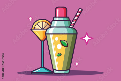 A lively illustration showcases a cocktail shaker alongside a colorful drink garnished with a lemon slice, Customizable cartoon illustration of a cocktail shaker.