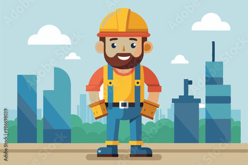 A cheerful cartoon construction worker stands confidently in front of a skyline filled with buildings, Customizable cartoon illustration of a construction hat.