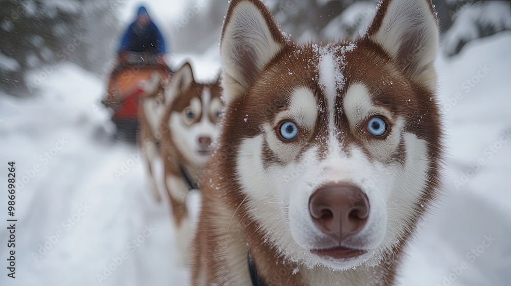 Huskies Pulling a Sled Through Snowy Forest Trail with Musher in Background Huskies Pulling a Sled Through Snowy Forest Trail with Musher in Background