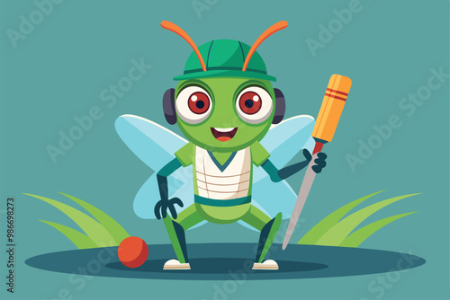 A cheerful cricket character stands ready to play, holding a bat with bright colors and a fun expression, Customizable cartoon illustration of a cricket.