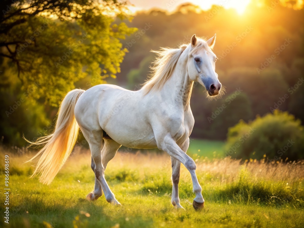 Pristine white horse with dappled skin ambles serenely across sun-kissed meadow, its mane and tail fluttering in the Pristine white horse with dappled skin ambles serenely across sun-kissed meadow, its mane and tail fluttering in the