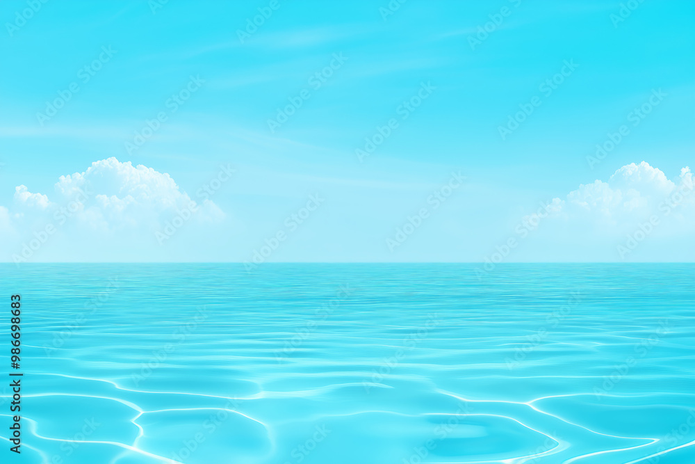 Tranquil turquoise waters beneath a clear blue sky with soft clouds at midday Tranquil turquoise waters beneath a clear blue sky with soft clouds at midday