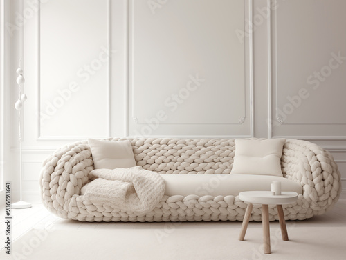 Modern minimalist scandinavian interior. Chunky knit textured couch in white living room photo