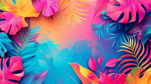 Trendy summer floral pattern on the background, with colorful leaves in pastel colors. Summer colors, botanical tropical leaves, sunlight and shadows, pink, and yellow leaves