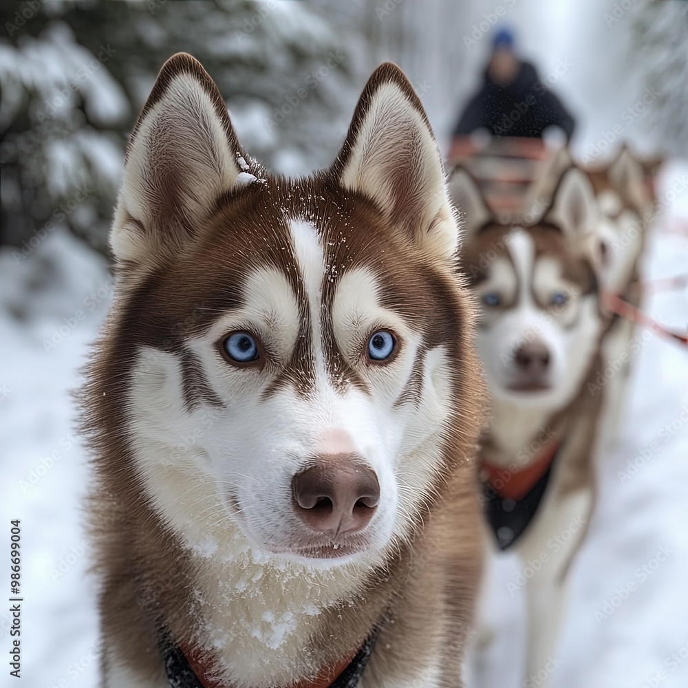 Huskies Pulling a Sled Through Snowy Forest Trail with Musher in Background Huskies Pulling a Sled Through Snowy Forest Trail with Musher in Background