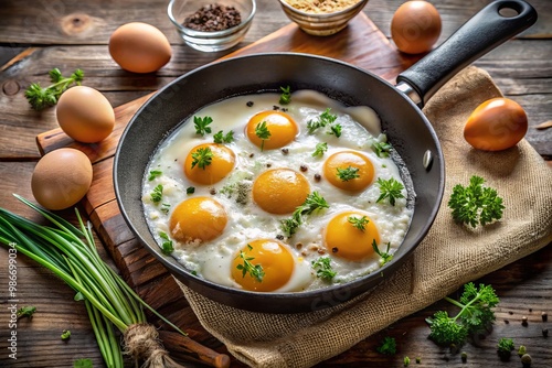 Raw eggs slosh in a sizzling frying pan on the stovetop, as loose batter drips and spatters around photo