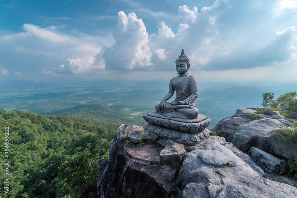 Buddha statue seated on a stone platform overlooking lush mountainous landscape under a dramatic sky Buddha statue seated on a stone platform overlooking lush mountainous landscape under a dramatic sky
