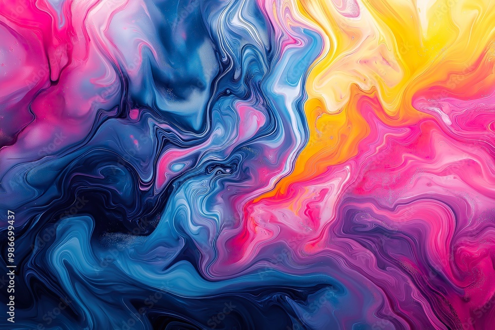 Vibrant swirls of fluid acrylic paint in bold colors creating a dynamic and mesmerizing abstract design on canvas Vibrant swirls of fluid acrylic paint in bold colors creating a dynamic and mesmerizing abstract design on canvas