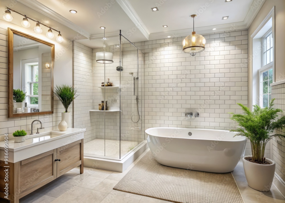 Renowned for its opulence, this bathroom features a white tiled shower and bathtub accompanied by designer fixtures, Renowned for its opulence, this bathroom features a white tiled shower and bathtub accompanied by designer fixtures,