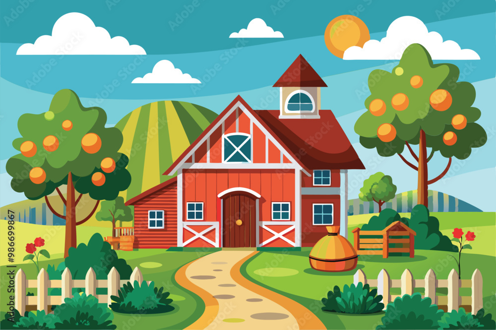 A cheerful farmhouse stands surrounded by trees, hills, and colorful flowers under a bright sun, Customizable cartoon illustration of a farm house A cheerful farmhouse stands surrounded by trees, hills, and colorful flowers under a bright sun, Customizable cartoon illustration of a farm house