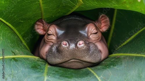 Baby hippopotamus sleeping under a large leaf, cozy and cute, surrounded by nature.  photo