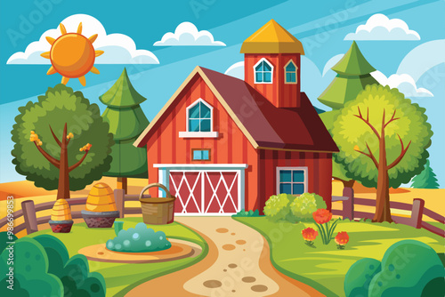 A bright farmhouse nestled among trees, surrounded by flowers, hay bales, and a sunny sky, Customizable cartoon illustration of a farm house