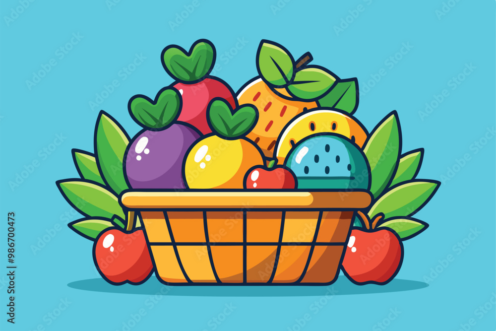A cheerful fruit basket filled with colorful fruits and surrounded by green leaves offers a whimsical touch, Customizable cartoon illustration of a fruit basket A cheerful fruit basket filled with colorful fruits and surrounded by green leaves offers a whimsical touch, Customizable cartoon illustration of a fruit basket