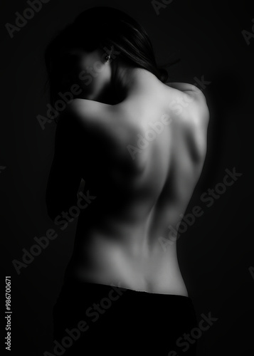 Artistic Portrait of Young Woman's Bare Back and Shoulders in depressed or sensitive pose with Dramatic Lighting