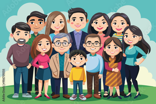 A lively group of friends and family members happily gathered outdoors under a bright sky, Customizable cartoon illustration of a group photo.