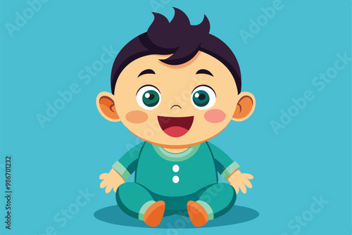 A happy baby smiles broadly while sitting comfortably in colorful pajamas, exuding joy and innocence, Customizable cartoon illustration of a happy baby.