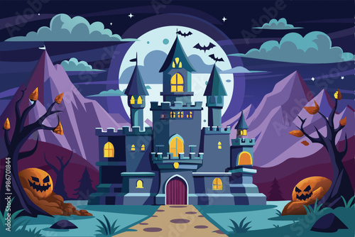 A colorful castle looms at night, surrounded by mountains, bats, and eerie pumpkins, perfect for Halloween, Customizable cartoon illustration of a horror castle.