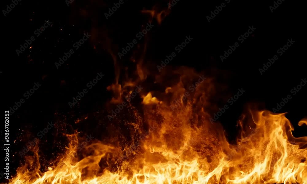 Flame with sparks on black background, blazing fire texture Flame with sparks on black background, blazing fire texture
