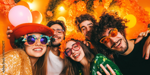 Halloween photo booth with Gen Z friends posing in quirky costumes
