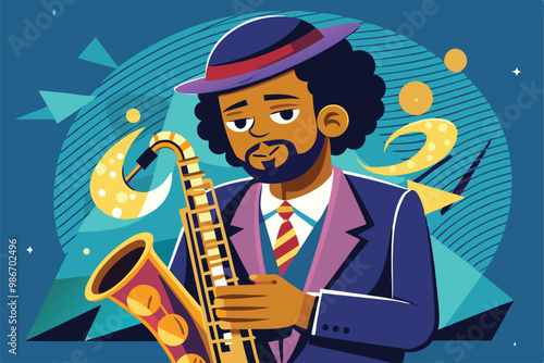 A cartoon saxophonist plays passionately, surrounded by colorful abstract shapes and musical notes, Customizable cartoon illustration of a jazz saxophonist.