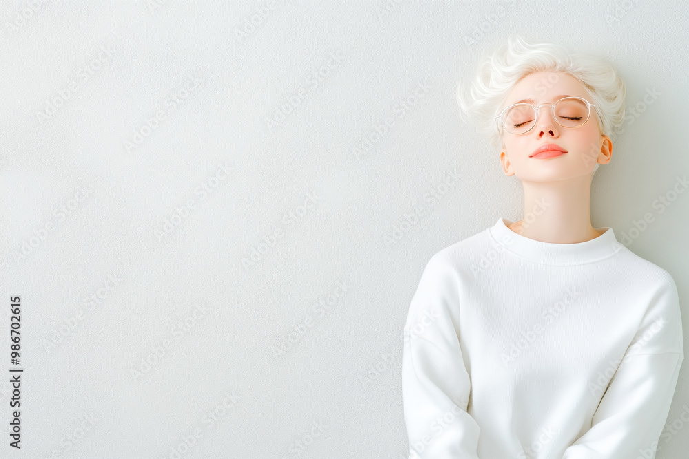 Young woman with short white hair and glasses enjoys a peaceful moment against a light wall Young woman with short white hair and glasses enjoys a peaceful moment against a light wall
