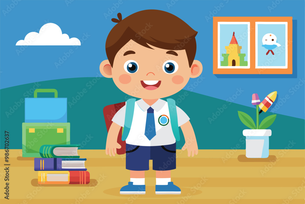 A young boy with a backpack stands happily in a bright kindergarten classroom, surrounded by books and decorations, Customizable cartoon illustration of a kindergarten student. A young boy with a backpack stands happily in a bright kindergarten classroom, surrounded by books and decorations, Customizable cartoon illustration of a kindergarten student.