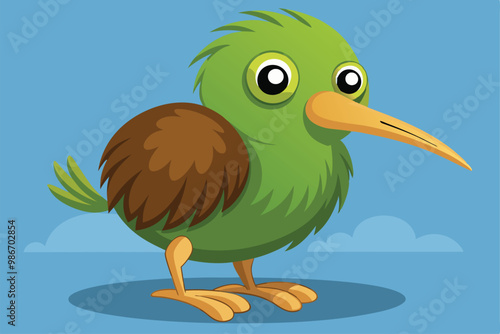 A colorful kiwi bird stands cheerfully with a playful expression and fluffy feathers, perfect for customization, Customizable cartoon illustration of a kiwi bird.