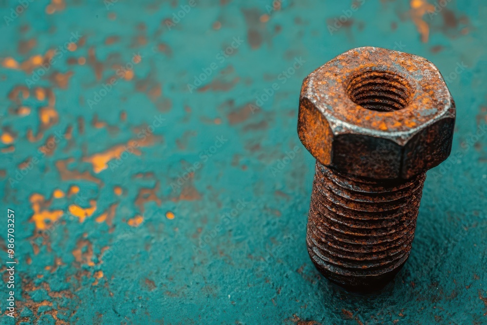 Aged industrial bolt covered in rust, worn textures of the surrounding metal illustrating the harshness of industrial life Aged industrial bolt covered in rust, worn textures of the surrounding metal illustrating the harshness of industrial life