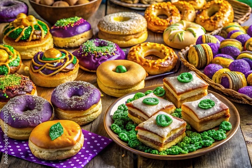 Savor a vibrant array of sweet treats as you revel in Mardi Gras's joyous celebration of indulgence and