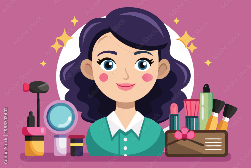 A cheerful makeup artist stands surrounded by various beauty products, showcasing her creativity and skills, Customizable cartoon illustration of a makeup artist. A cheerful makeup artist stands surrounded by various beauty products, showcasing her creativity and skills, Customizable cartoon illustration of a makeup artist.