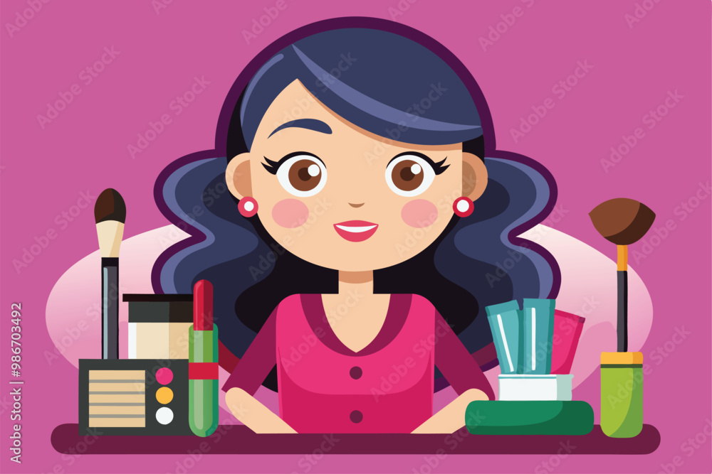 A cheerful makeup artist sits at a vanity, showcasing various beauty products and tools, ready to create looks, Customizable cartoon illustration of a makeup artist. A cheerful makeup artist sits at a vanity, showcasing various beauty products and tools, ready to create looks, Customizable cartoon illustration of a makeup artist.