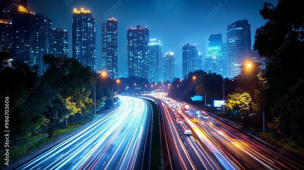 Nighttime Cityscape with a Highway Filled with Light Trails Nighttime Cityscape with a Highway Filled with Light Trails