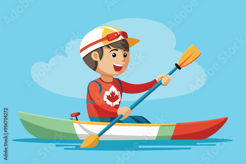 A cheerful young Paralympic athlete paddles a kayak, showcasing skill and joy in a vibrant setting, Customizable cartoon illustration of a paralympic canoe.