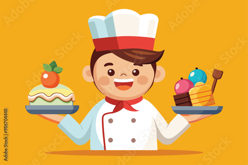 A cheerful pastry chef presents a lovely cake and colorful desserts, ready to delight everyone, Customizable cartoon illustration of a pastry chef.