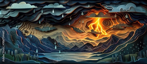 digital of a breathtaking mountainous landscape with a fiery glowing celestial sky and ominous swirling storm clouds  The scene evokes a sense of power drama and the sublime forces of nature