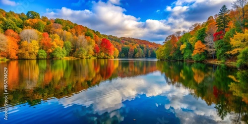 Serene lake surrounded by lush greenery shines with vibrant fall foliage, its golden hues reflecting perfectly in the