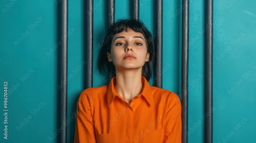 A young woman in an orange jumpsuit stands behind bars, symbolizing incarceration, confinement, or legal consequences, with a teal background. A young woman in an orange jumpsuit stands behind bars, symbolizing incarceration, confinement, or legal consequences, with a teal background.
