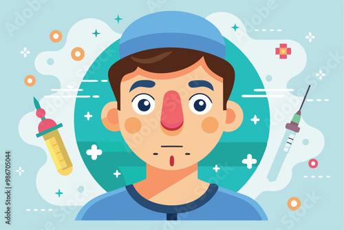 A playful cartoon depiction of a patient undergoing rhinoplasty in a bright clinical environment, Customizable cartoon illustration of a rhinoplasty.