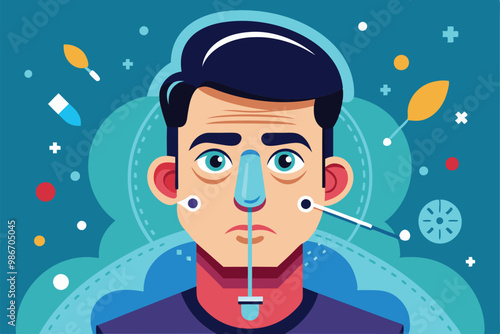 A cartoon character undergoing a rhinoplasty procedure with surgical tools and colorful background elements, Customizable cartoon illustration of a rhinoplasty.