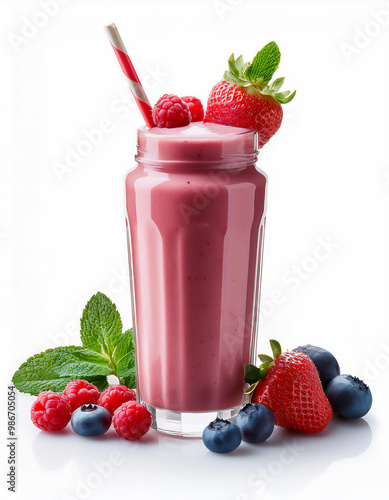 Fruit smoothies are presented against an isolated white background. photo