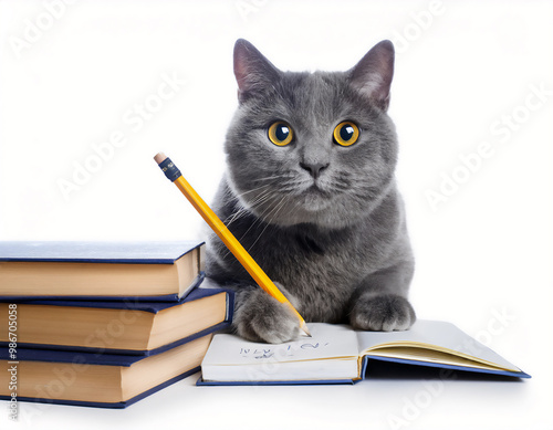 A smart gray cat is depicted writing, surrounded by books on a white background, holding a pencil with a scribble.