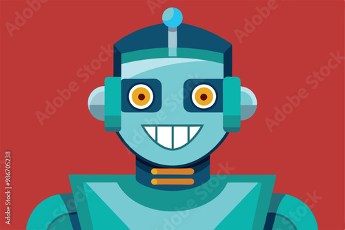 This cartoon features a vibrant robot face with a smiling expression and colorful design elements, Customizable cartoon illustration of a robot's face.