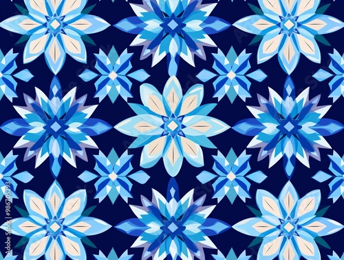 Blue floral pattern on dark background.