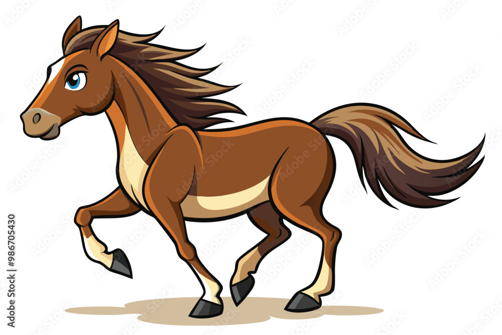 Obraz premium A lively brown horse running joyfully with a flowing mane and tail, Customizable cartoon illustration of a running horse.
