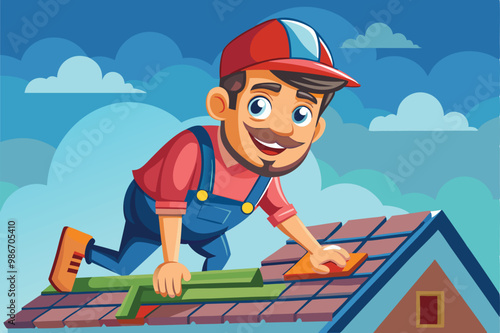 A cheerful roofer wears a cap while repairing a roof with tools on a clear and sunny day, Customizable cartoon illustration of a roofer.