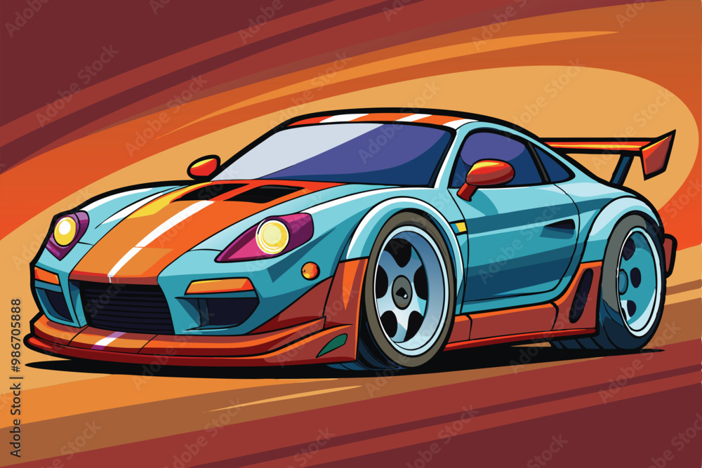 Naklejka premium A colorful sports car design showcases dynamic lines and bold colors, ideal for customization and creativity, Customizable cartoon illustration of a sports car.
