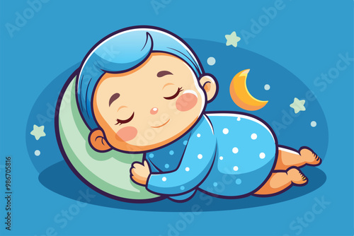 A cartoon baby sleeps soundly on a moon with a serene expression, surrounded by stars and a crescent moon, Customizable cartoon illustration of a sleeping baby.
